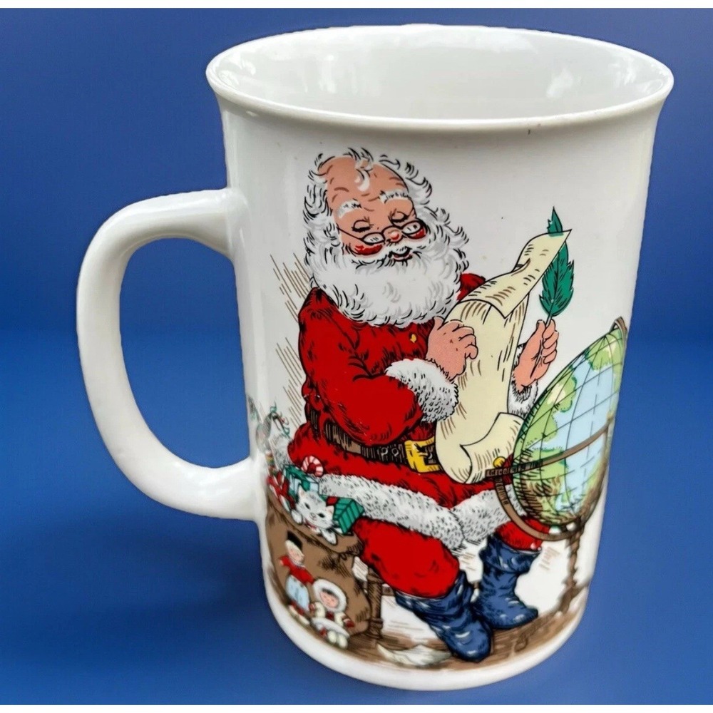 90s Vintage Coffee Mug Merry Christmas Potpourri Press Santa Claus World Globe